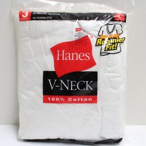3 Pack of Men's Large 42 - 44 Hanes White 100% Cotton V-Neck Tee Shirts